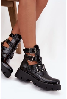 Dámské kotníkové boty s pásky a stříbrnými přezkami Helisse – černé