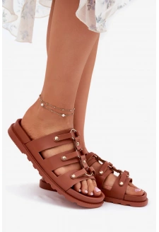 Dámské pantofle s pásky – camel