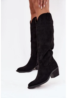 Dámské zateplené kozačky kovbojky na podpatku Esmira – černé, eko semiš