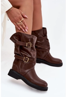 Dámské kozačky ke kolenům s pásky a sponami Halvessa – hnědé