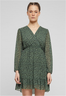 Cloud5ive Damen V-Neck Chiffon Kleid in Wickeloptik mit Leo Print dark green