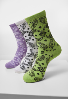 Bandana Pattern Socks 3-Pack white+lilac+lime