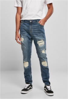 Heavy Destroyed Slim Fit Jeans modré silně zničené vyprané
