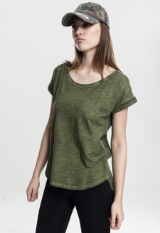 Dámské tričko s dlouhým zády ve tvaru spreje s barvivem olivové